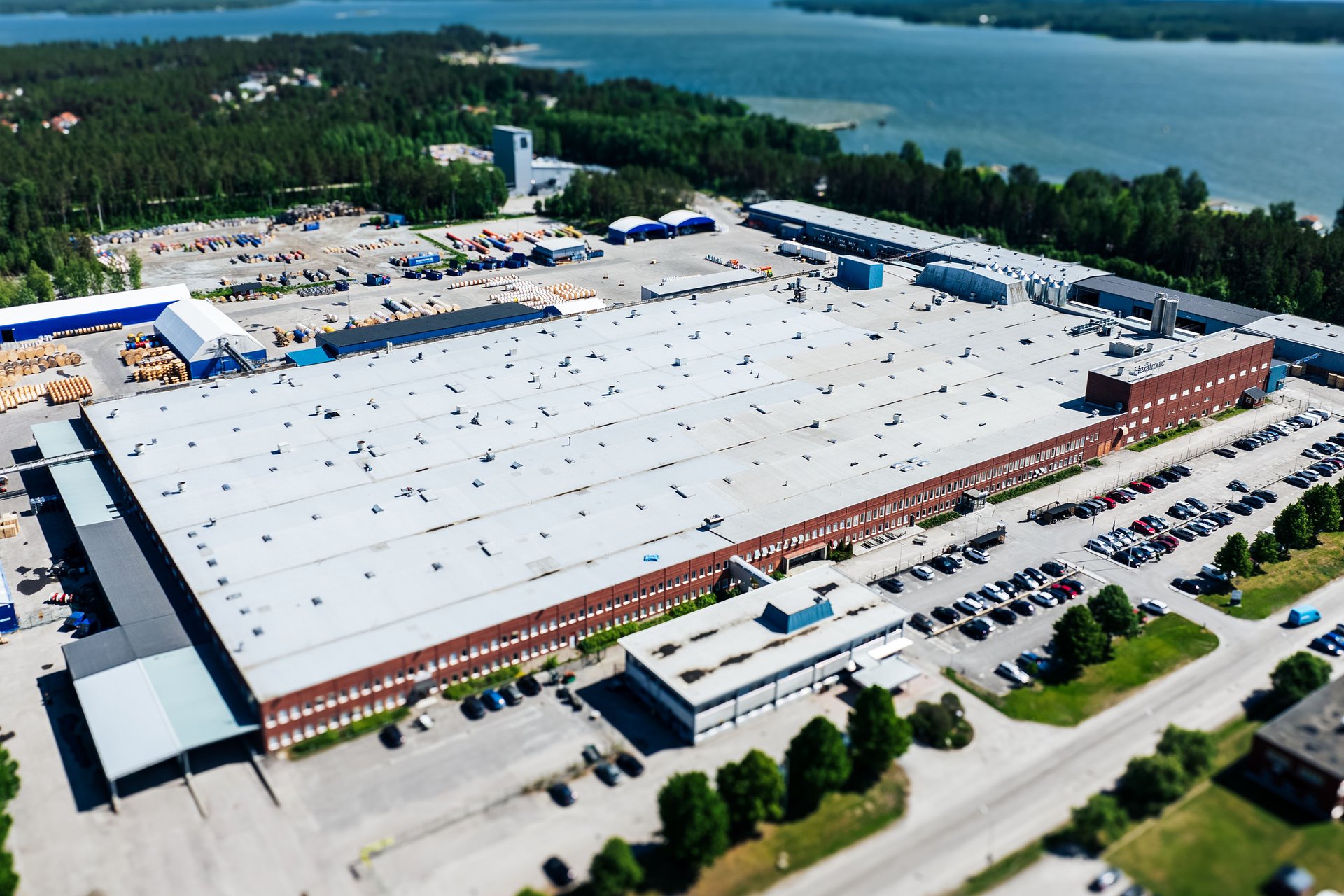 Aerial view of the Hexatronic cable factory in Hudiksvall, Sweden.