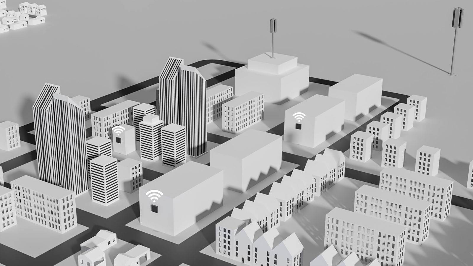 3D model of an urban area with diverse buildings and roads.