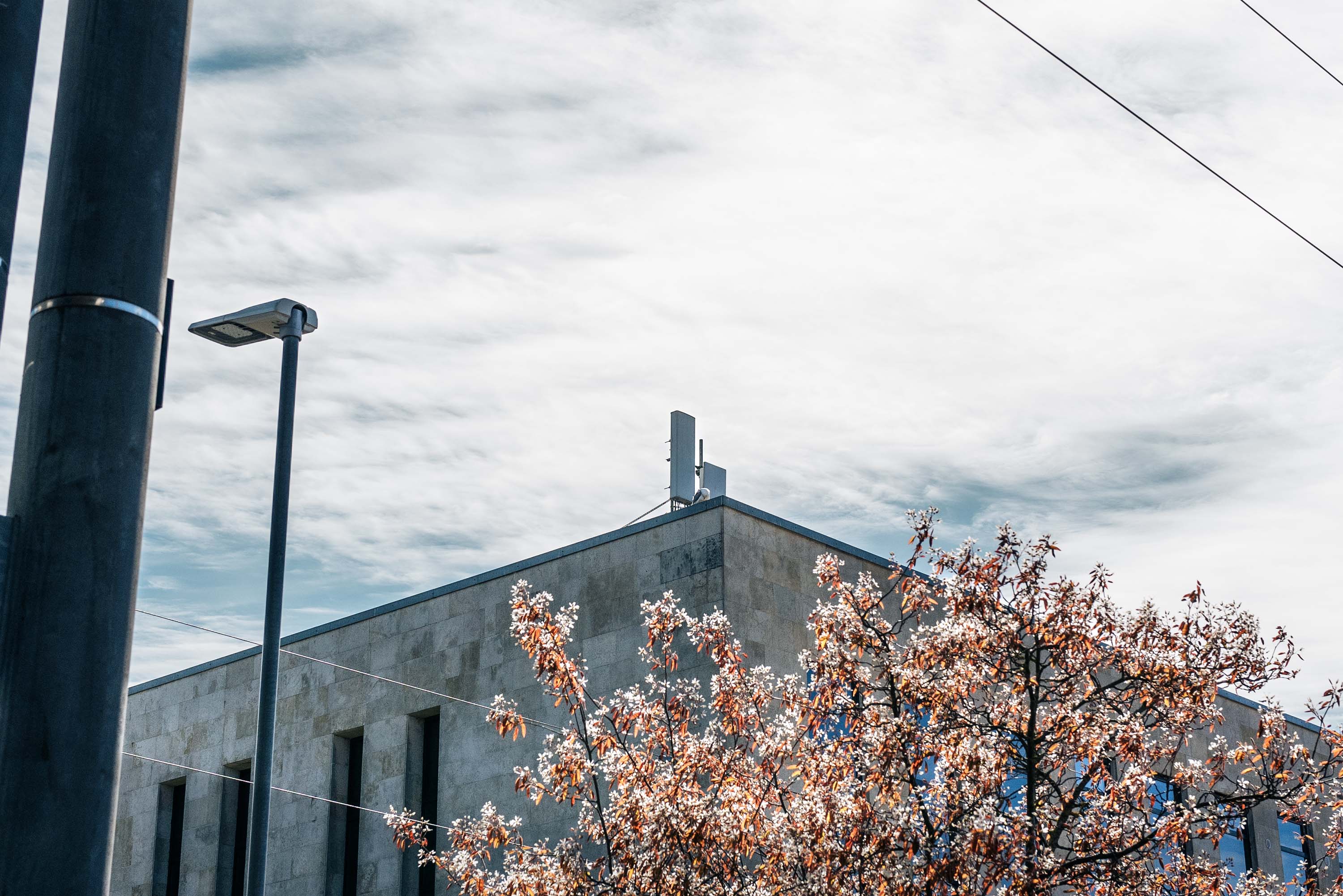 5G antenna on a rooftop under a blue sky.