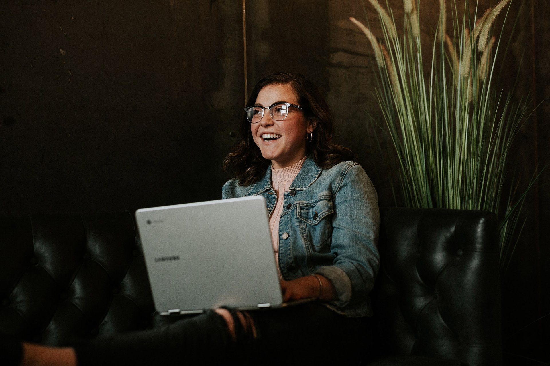 Person in denim jacket on a black couch, using a laptop in a dimly lit room with a tall plant nearby.