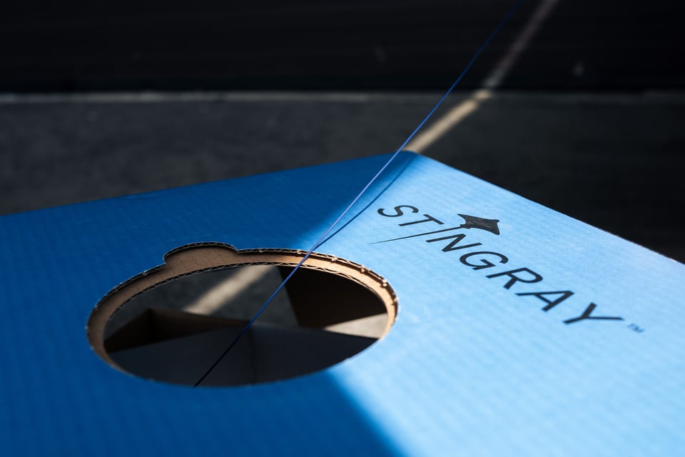 Close-up of the Hexatronic Stingray ABF box in blue.