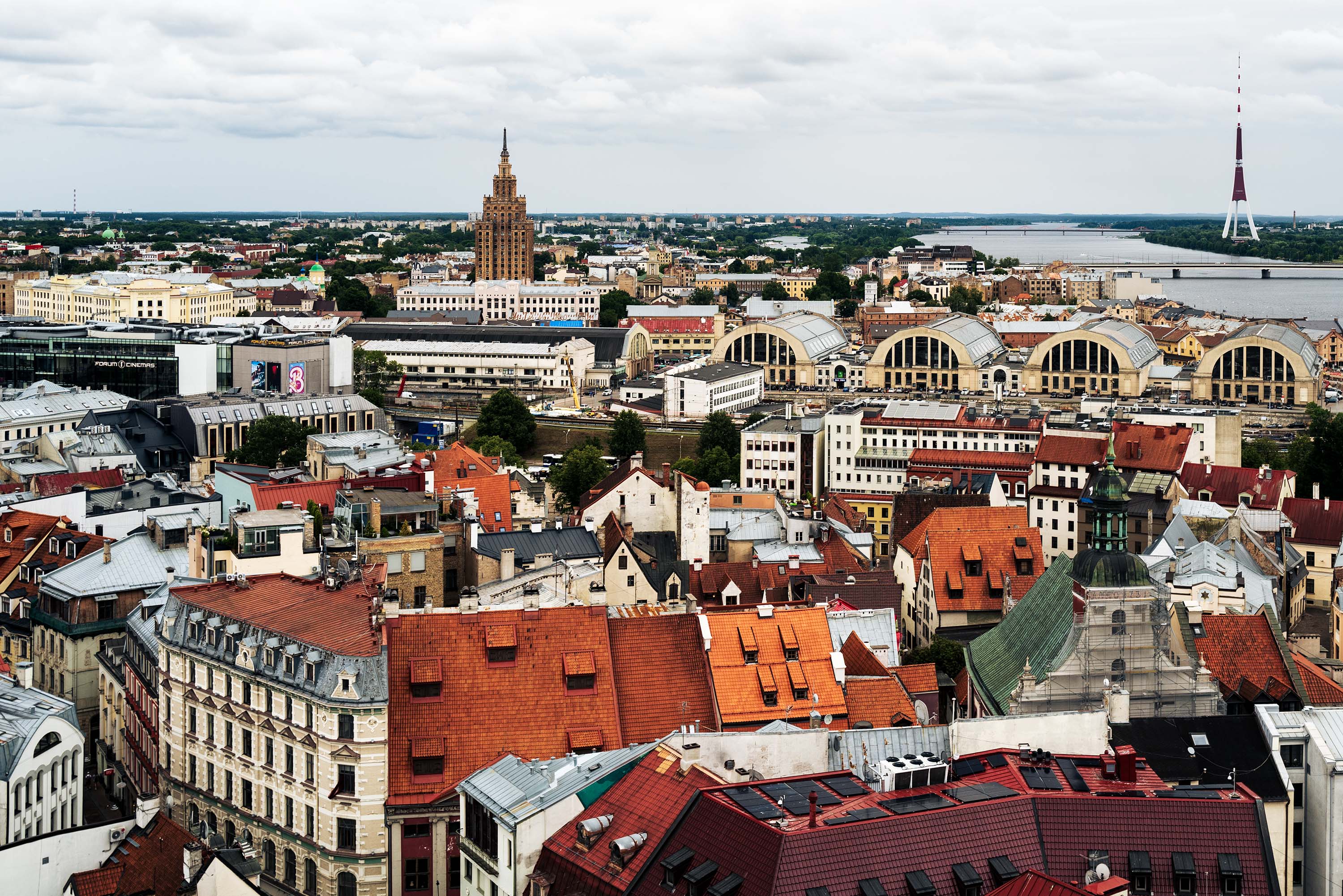 Diverse cityscape under a cloudy sky, red rooftops, a tall tower, and a distant river reflecting the overcast sky.