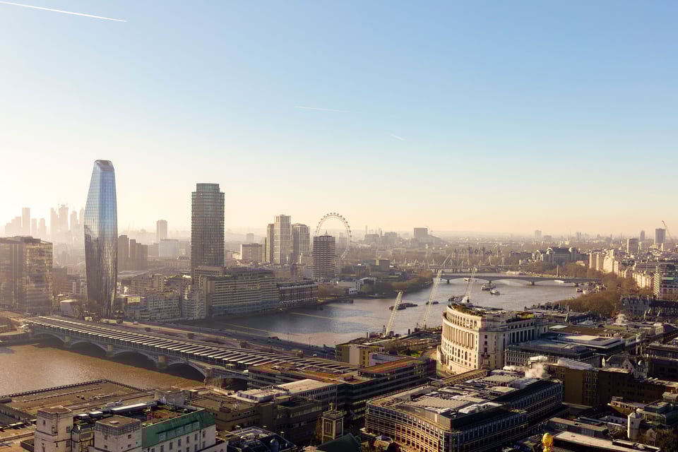 Daytime panoramic view of London with skyscrapers, the London Eye, bridges over the Thames River, under a clear sky.
