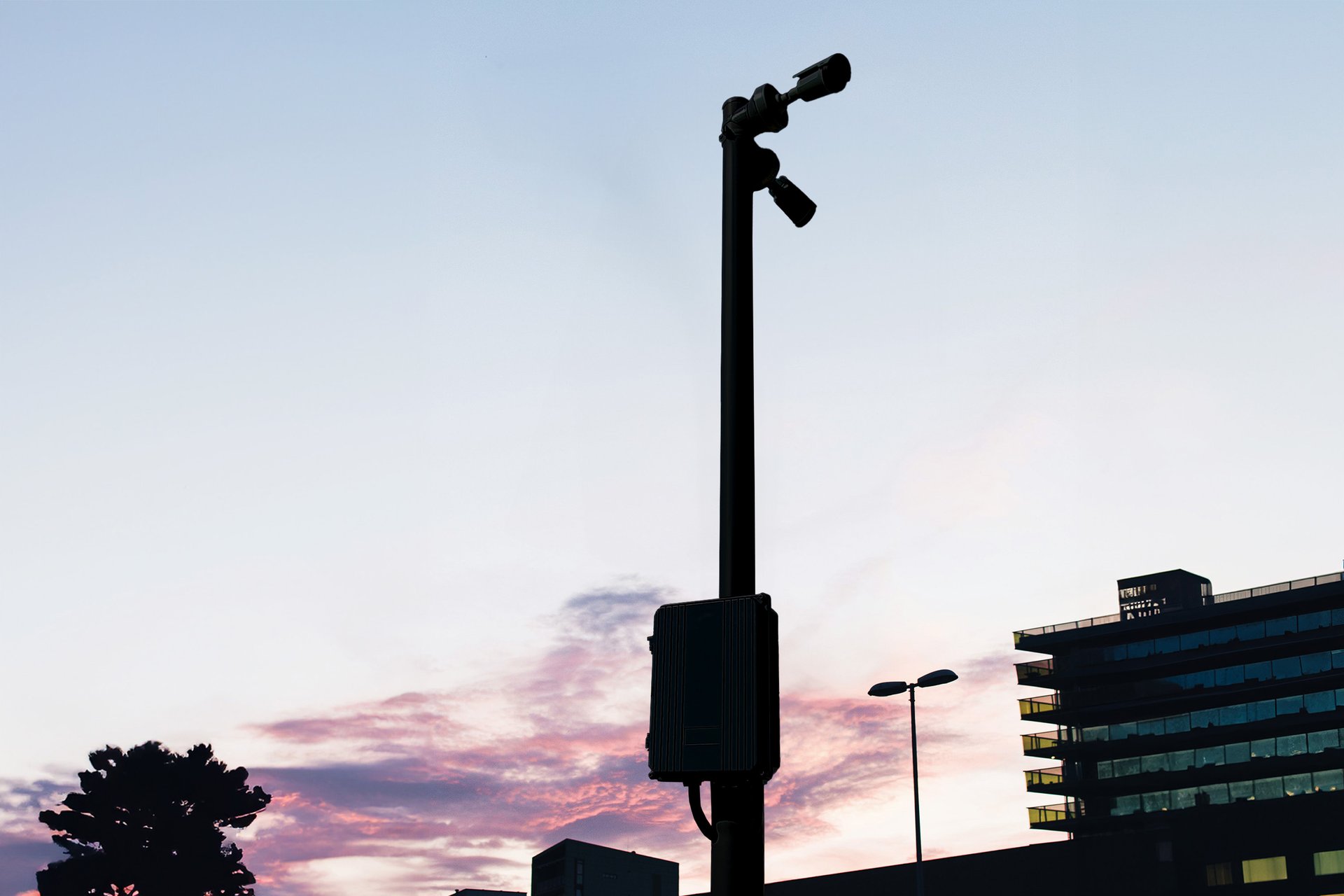 Powered fiber set up for CCTV at sunset.