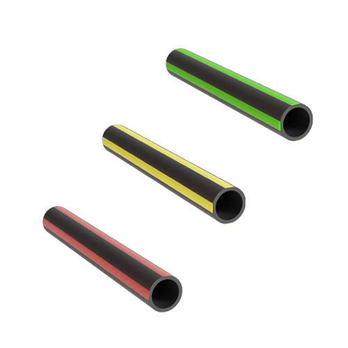 Three, black, thick-walled microducts with respectively red, yellow and green stripes