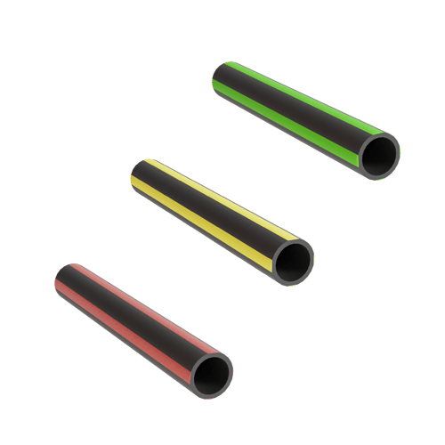 Three, black, thick-walled microducts with respectively red, yellow and green stripes 