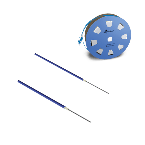Dark blue Hexatronic Stingray air blown fiber and dark blue reel with Stingray logotype