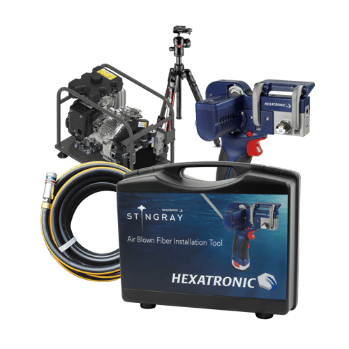 Hexatronic Air Blown Fibre Installation Kit featuring blowing tool, compressor, tripod, hose and consumables