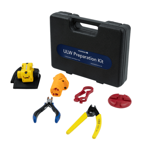 Black ultra-lightweight preparation tool case with several preparation tools in front of the black case