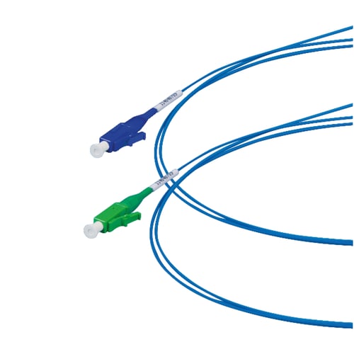 Two blue pigtails with different connector variants
