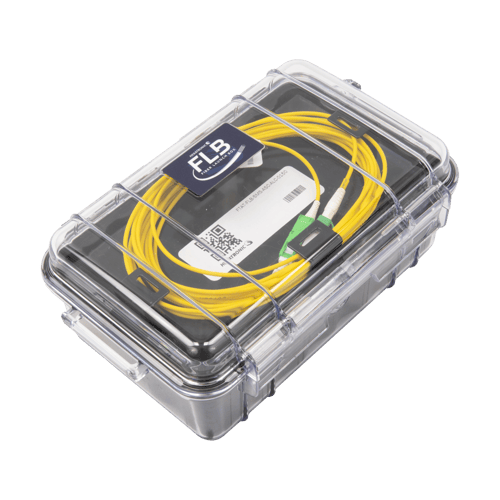 Fiber launch box with transparent, closed, lid and yellow cabels inside box 