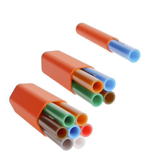 Three microduct assemblies in various colours