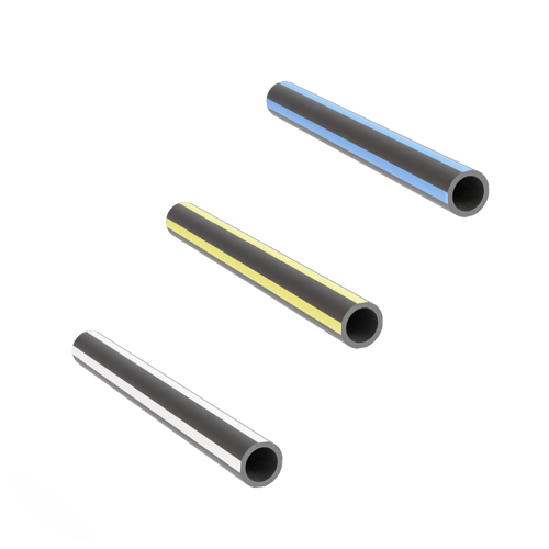 Three, black, thick-walled microducts with respectively blue, green and red stripes
