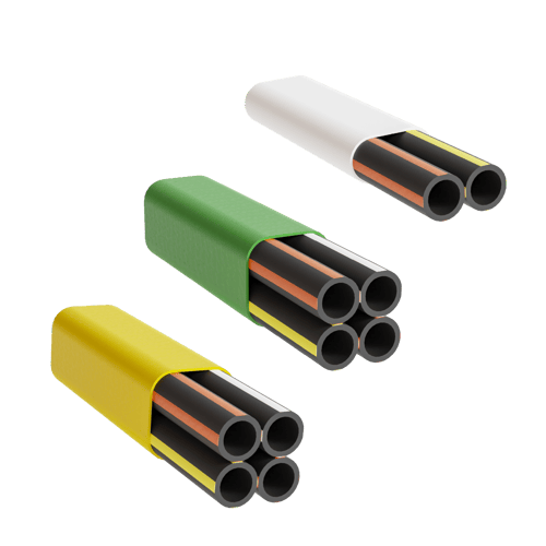 Three microduct assemblies in various colours