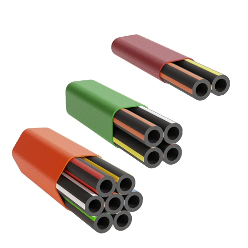 Two microduct assemblies in various colours
