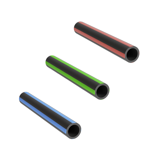 Three, black, thick-walled microducts with respectively white, yellow and blue stripes