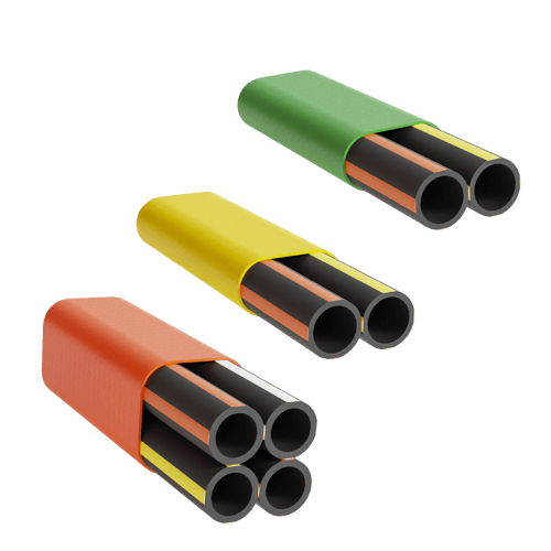 Three microduct assemblies in various colours