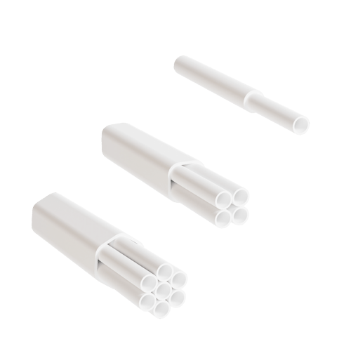 Three white duct assemblies with respectively one, four and seven microducts