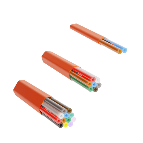 Three different versions of indoor microduct assemblies in different colours