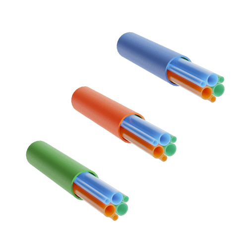 Three different versions of tight protected duct assemblies with a number of microducts