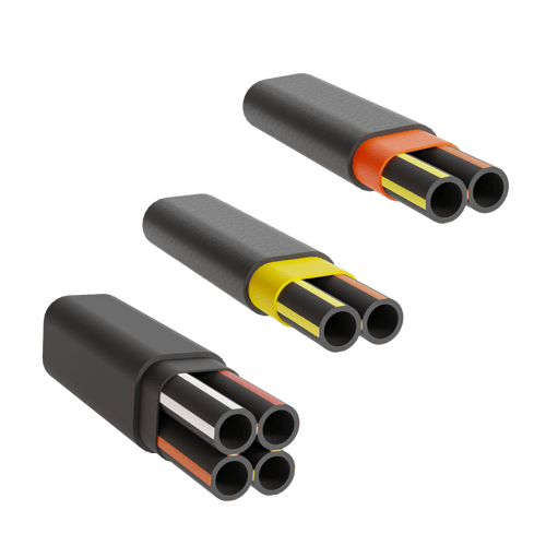 Three versions of heavy-duty microduct assemblies in different colours