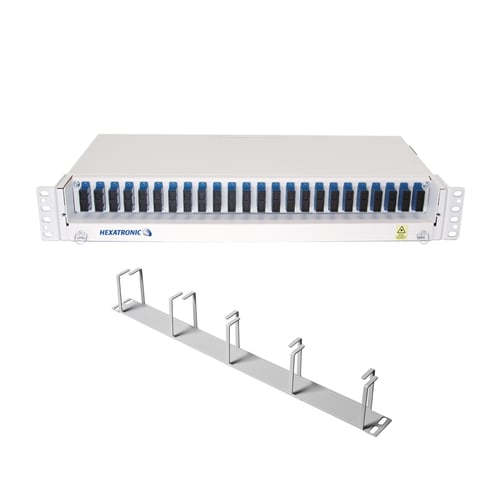 Coral white, optical distribution frame with blue Hexatronic logotype and separated mounting bracket