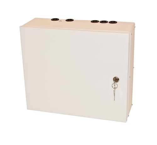 Coral white, small indoor fiber termination box with key hanging in the lock