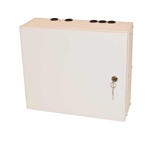 Coral white, medium sized, indoor fiber splicing enclosure cabinet with key hanging in the lock