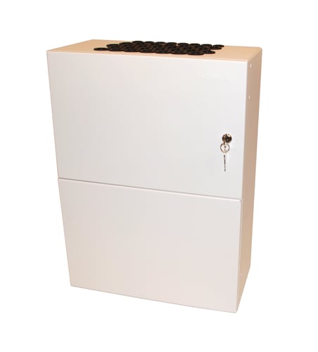 Coral white, large sized, indoor fiber splicing enclosure cabinet with key hanging in the lock