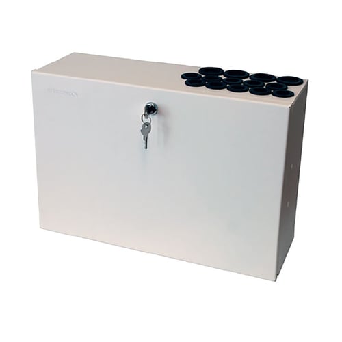 White, medium sized, indoor fiber splicing enclosure cabinet with key hanging in the lock