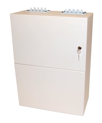 Coral white, fiber jointing enclosure cabinet with key hanging in lock