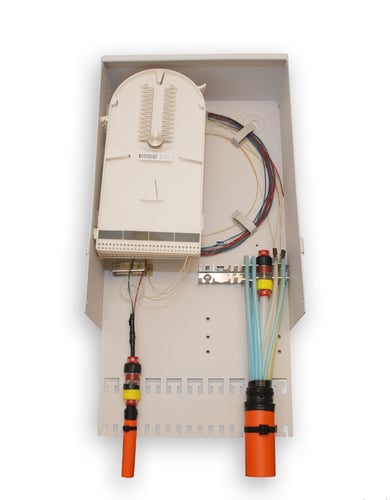 Coral white, open, fiber splicing enclosure cabinet with duct holders for 5 mm and 7 mm microducts 