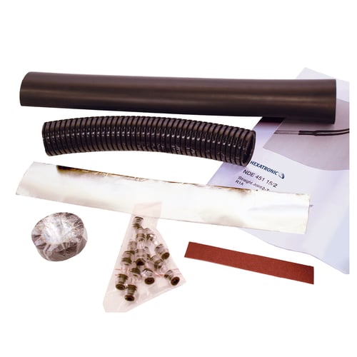 Duct joint closure kit featuring aluminum foil, duct connectors, tube for mechanical protection, graining cloth and heat shrink tube
