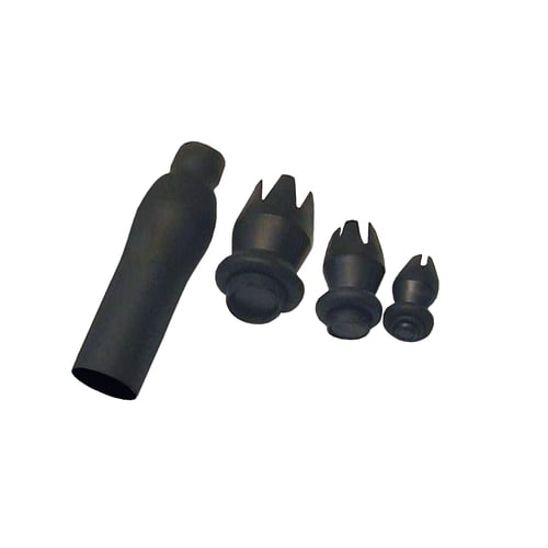 Four black rubber end sleeves with different features for microduct assemblies