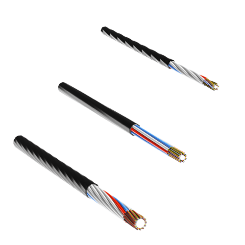 Three fiber optic micro cables in various dimensions with black outer sheath