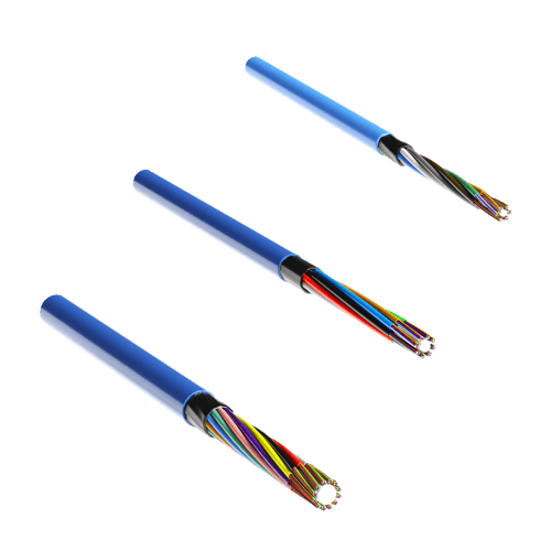 Three different versions of Hexatronic Viper micro cables with blue outer sheath