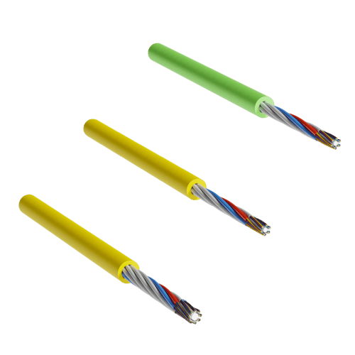 Two illustrated, slim, indoor cables, one with green sheath and one with green sheath